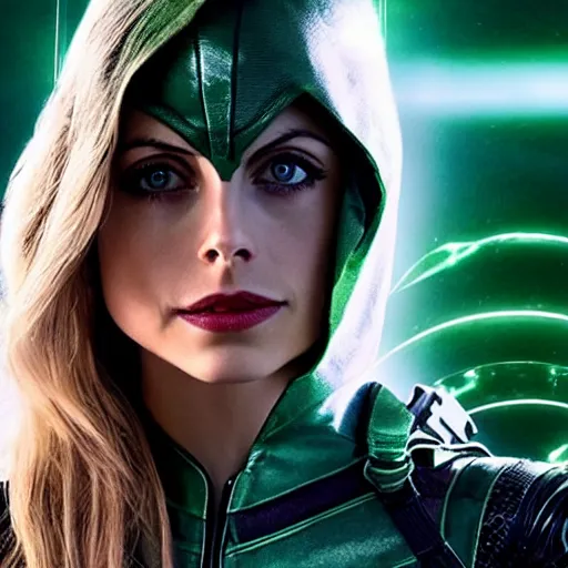 Image similar to film still of willa holland as a female green arrow in the 2 0 1 7 film justice league, focus on facial details, minimal bodycon feminine costume, dramatic cinematic lighting, inspirational tone, suspenseful tone, promotional art