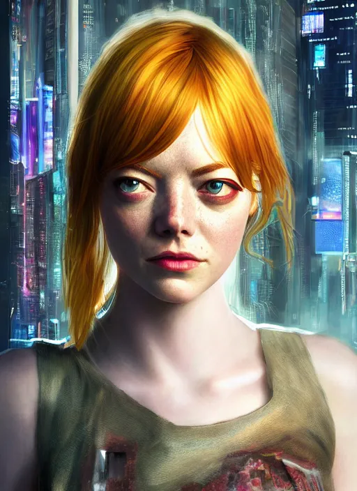 Image similar to Cyberpunk portrait of Emma Stone, au naturel, hyper detailed, digital art, trending in artstation, cinematic lighting, studio quality, smooth render, unreal engine 5 rendered, octane rendered, art style by klimt and nixeu and ian sprigger and wlop and krenz cushart