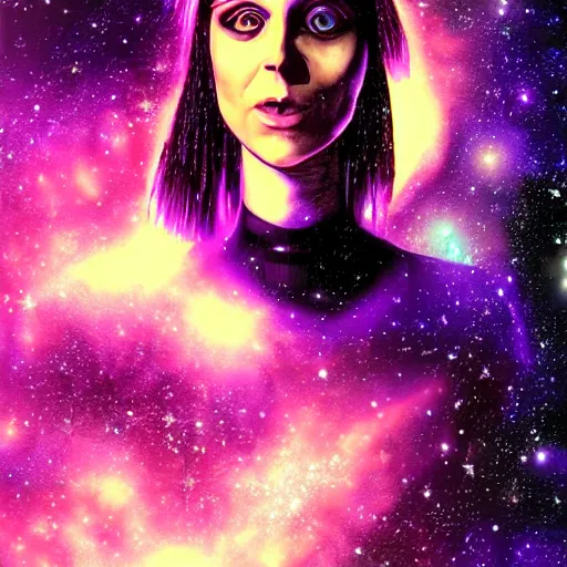 Image similar to portrait from a raven crow alien, synthwave, universe background, nebula, galaxy, artstation