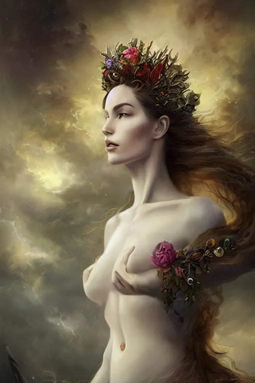 Image similar to portrait matte fine art of the beauty goddess catriona balfe, she has a crown of stunning flowers and gemstones, background full of stormy clouds, by peter mohrbacher