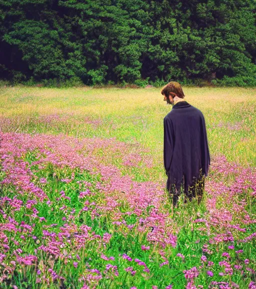 Image similar to tall shadow person standing in beautiful meadow of flowers, film photo, grainy, high detail, high resolution