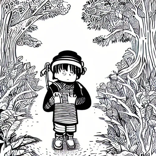 Prompt: mcbess illustration of a little boy with a blue backpack in a forest