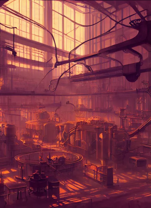 Prompt: beautiful interior of a steampunk factory, ross draws, james gilleard, delphin enjolras, goro fujita, makoto shinkai, paul lehr, volumetric lighting, octane render, very coherent, trending on artstation