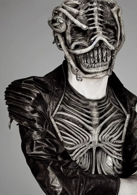 Image similar to an award - winning photo of an ancient male model wearing a plain designer menswear jacket inspired by h. r. giger designed by alexander mcqueen