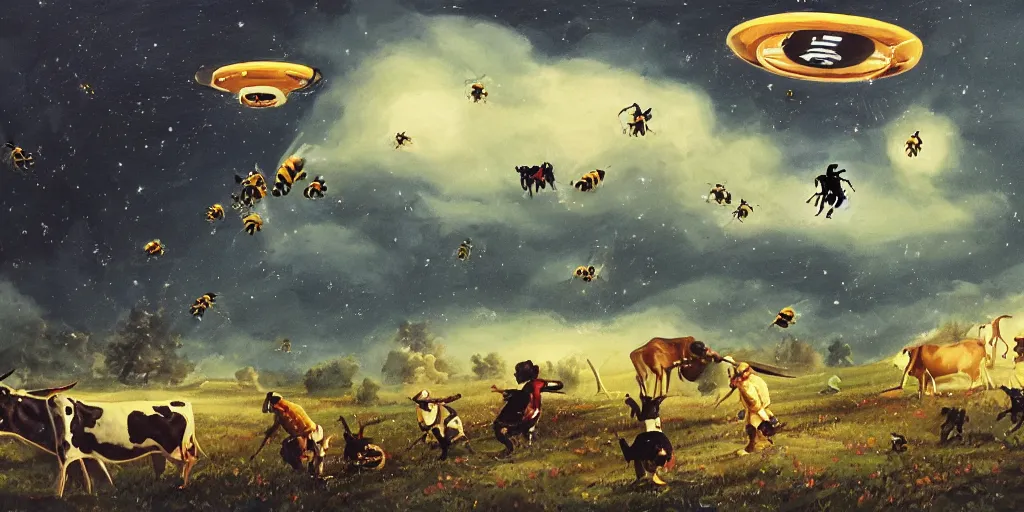 Prompt: a ufo stealing cows, painting big bees flying around