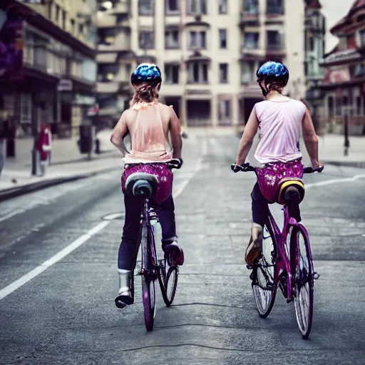 Image similar to two unicorns riding bikes in city streets, photoreal