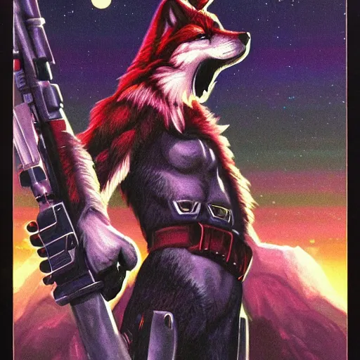 Image similar to 1 9 8 0 s video game art of anthropomorphic wolf o'donnell from starfox fursona furry wolf in a dark space mercenary uniform, looking heroic, magazine scan, 8 0 s game box art, dark grey wolf o'donnell