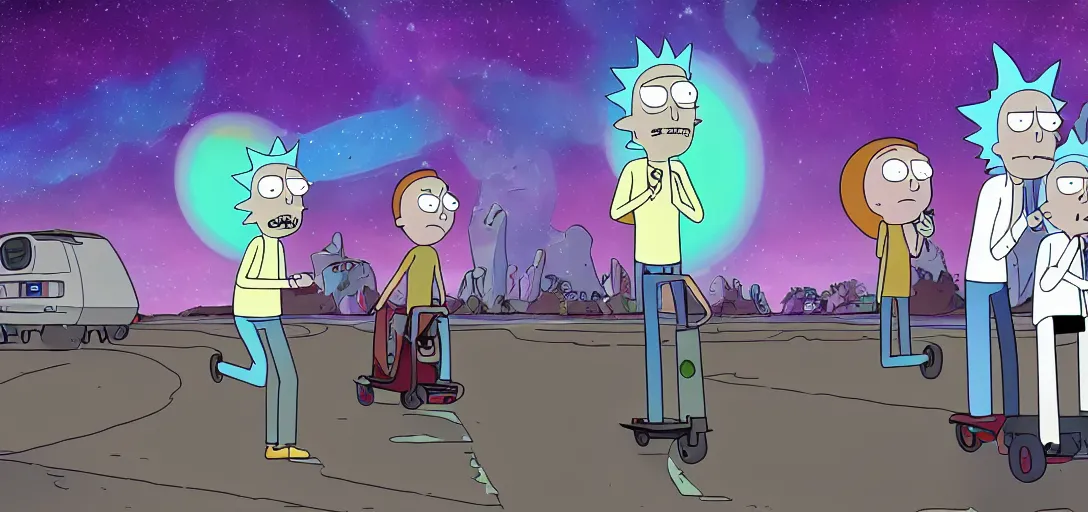 Image similar to galaxy, e - scooter invasiom, rick and morty, cinematic