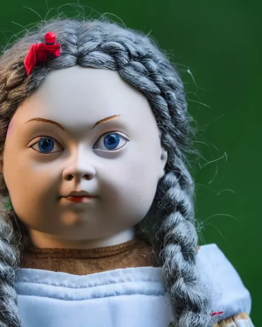 Image similar to high quality presentation photo of a cute greta thunberg porcelain doll, photography 4k, f1.8 anamorphic, bokeh, 4k, Canon, Nikon