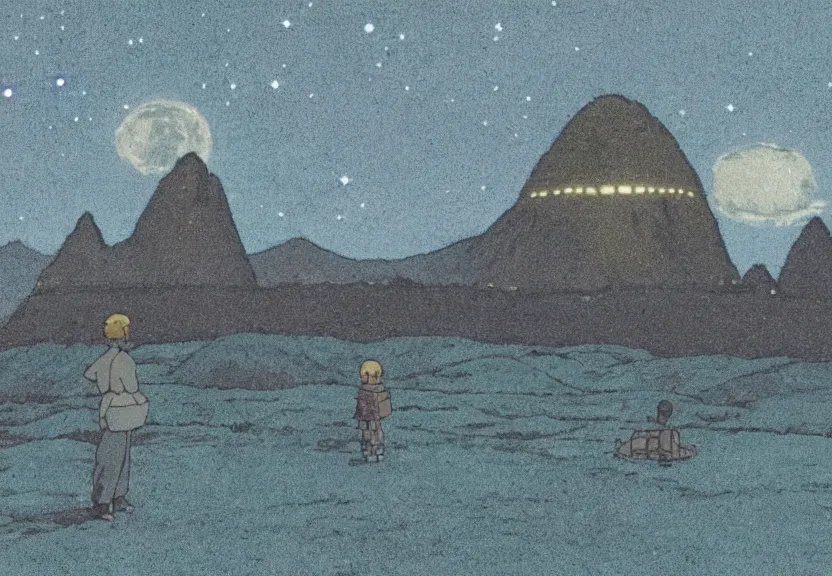 Image similar to a still from a studio ghibli film showing one giant grey ufo. in the background is machu pichu on a misty and starry night. by studio ghibli. very dull muted colors