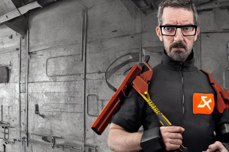 Image similar to vfx movie closeup real life gordon freeman holding wearing futuristic armor, half life logo on chest, crowbar in russian train yard by emmanuel lubezki