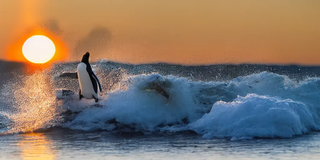 Image similar to penguin surfing a wave at the sunrise