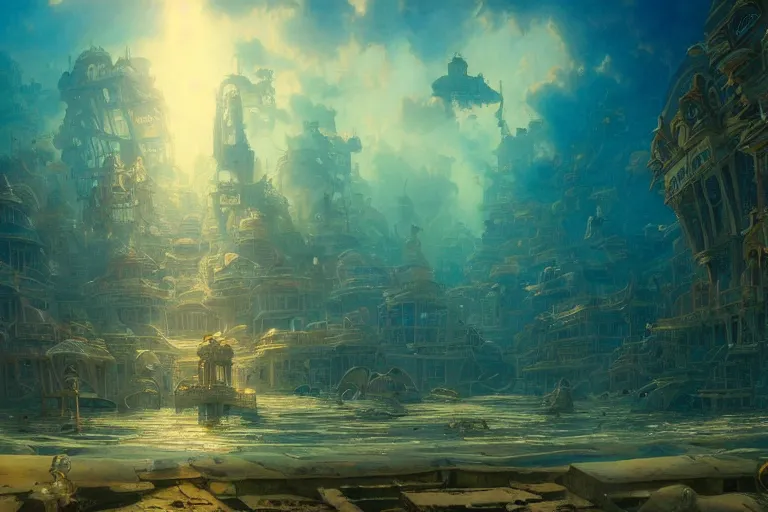 Image similar to a beautiful painting of the lost city of Atlantic city under water, ray of sunlight, mermaids in distance, Greg Rutkowski, Moebius, Mohrbacher, Mucha, blue and gold color scheme