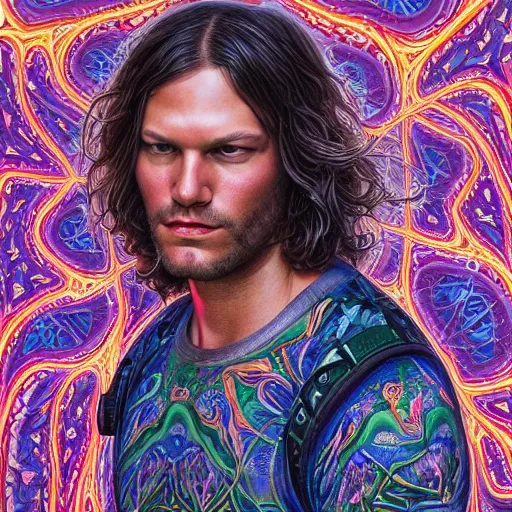 Image similar to portrait of jared padalecki, hyper detailed masterpiece, neon floral pattern, jean giraud, digital art painting, darkwave goth aesthetic, psychedelic, artgerm, donato giancola and tom bagshaw