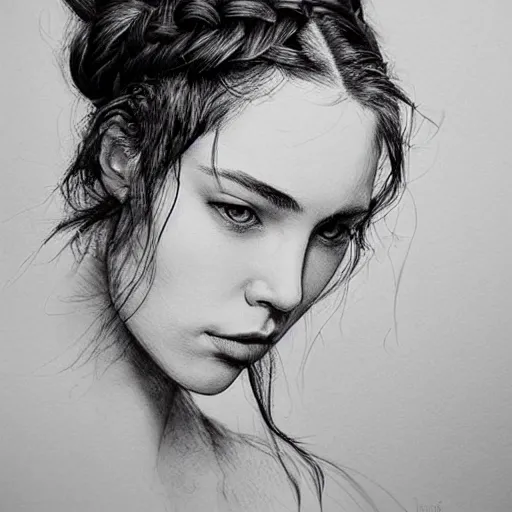 Prompt: a stunning masterful portrait of a confident woman with braided hair by kim jung gi, natural light, ink drawing, ethereal, strong brushwork