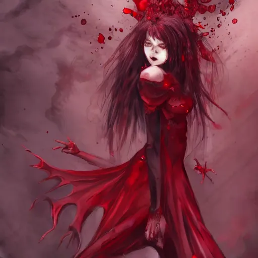 Image similar to the fall of a super sad and with extrem anger filled demon girl in hell with a dark red dress,!!! full dressed!!! oppressive and dark amotsphere with many shadows, blood and dark red highlights, concept fullbody horror art by aleksandra waliszewska and aoi ogata