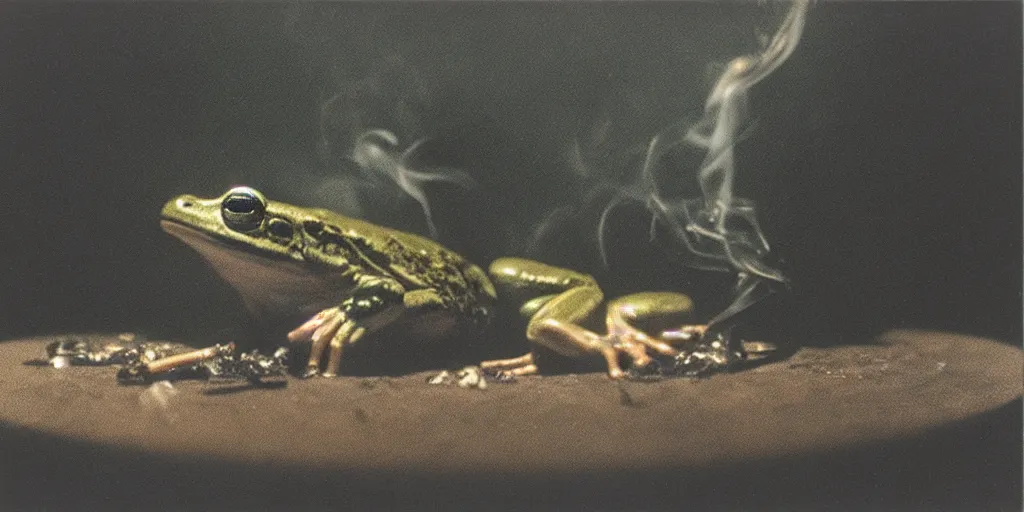 Image similar to detailed medium format photo, polaroid still from tarkovsky movie, frog while smoking a cigarette, haze, high production value, intricate details, 8 k resolution, hyperrealistic, hdr, photorealistic, high definition, tehnicolor, award - winning photography, masterpiece, amazing colors