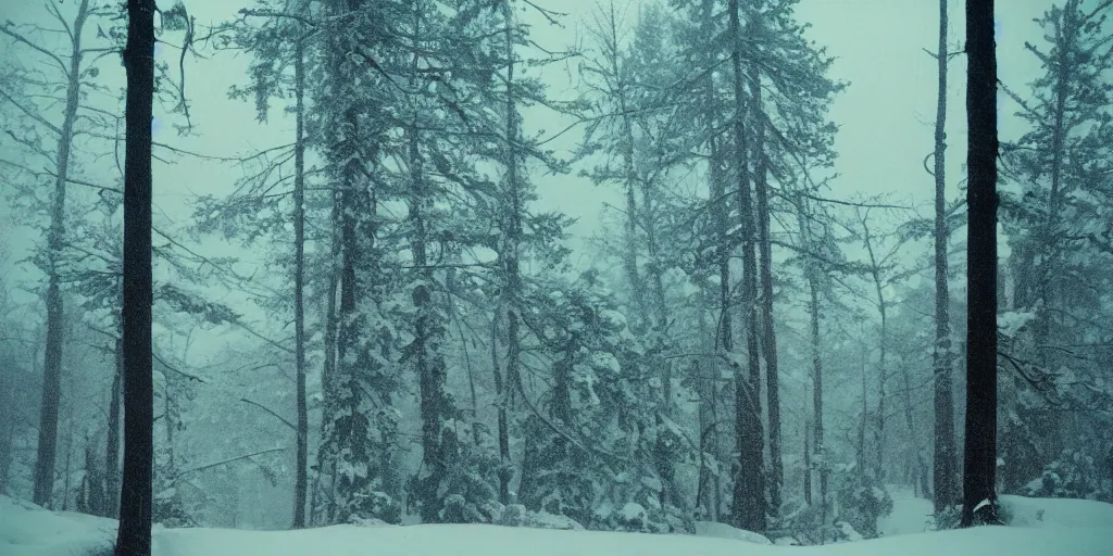 Prompt: photo, bigfoot faintly appears in the distance, barely able to be seen. cold color temperature, snow storm. hazy atmosphere. humidity haze. kodak ektachrome, greenish expired film, award winning, low contrast