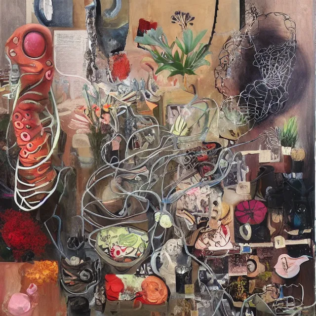 Prompt: a portrait in a female artist's kitchen, a woman holding a robotic octopus, herbs, japanese pottery, australian wildflowers as ikebana, a heart with electrical wires, smokey burnt love letters, candles, feminine, organic, octopus, squashed berries, pancakes, black underwear, neo - expressionism, surrealism, acrylic and spray paint and oilstick on canvas