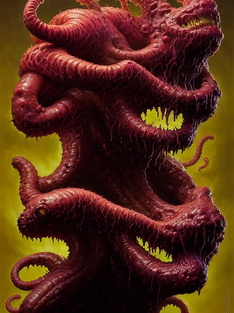 Prompt: hyperrealistic rendering, fat smooth cronenberg flesh monster d & d displacer beast face by donato giancola and greg rutkowski and wayne barlow and zdzisław beksinski, eyeballs, lightning, magic runes, product photography, action figure, sofubi, studio lighting, colored gels, colored background