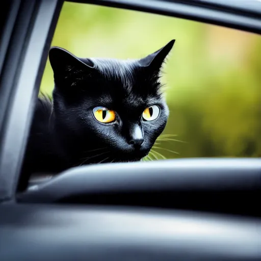 Image similar to A sad black cat driving his car to work, award-winning photograph, highly detailed, gloomy, washed out colors, the car is a Toyota prius, depressive