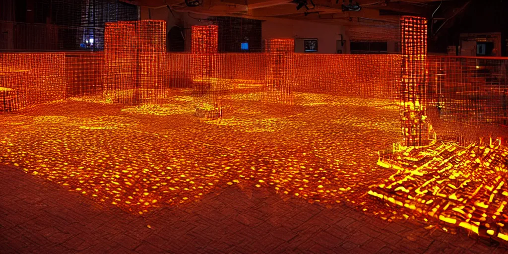 Image similar to 9-track machines made of digital grids and glowing stones with embedded LEDs. amber glowing screens.