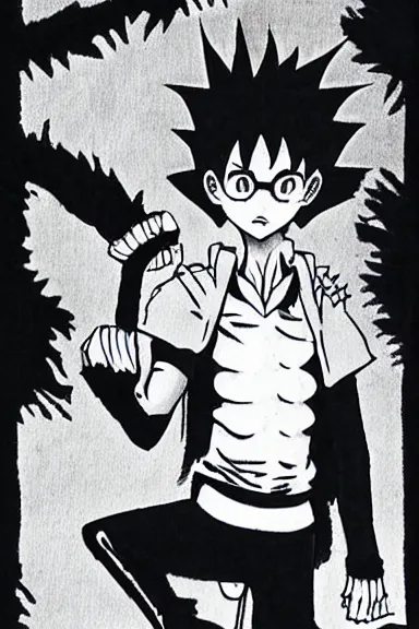 Image similar to attractive little boy in black cat suit, black and white artwork made by yoshihiro togashi,