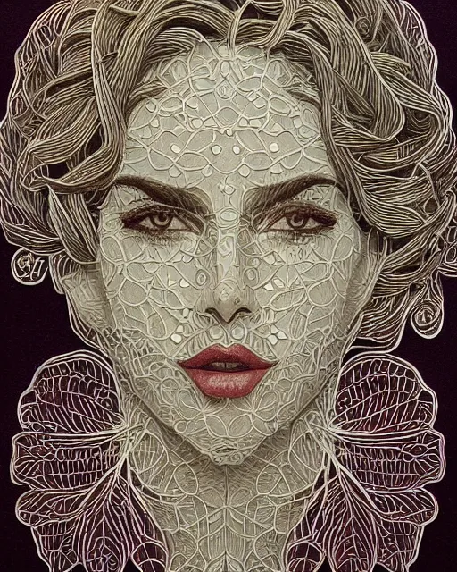 Image similar to a woman's face in profile, made of intricate decorative lace leaves, in the style of casey weldon