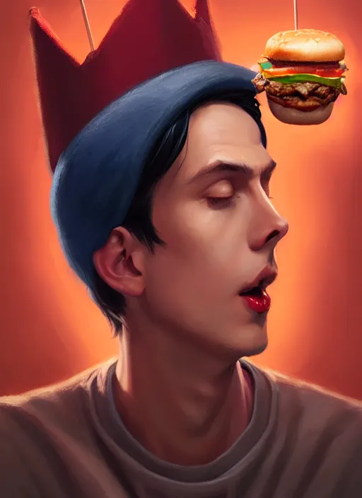 Image similar to portrait of jughead jones, eating a hamburger, wearing a crown, eyes closed, intricate, elegant, glowing lights, highly detailed, digital painting, artstation, concept art, smooth, sharp focus, illustration, art by wlop, mars ravelo and greg rutkowski