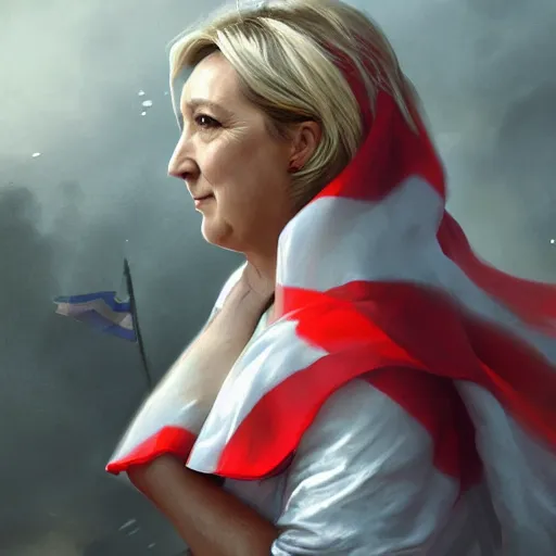 Image similar to Portrait of Marine le Pen , french flag, nationalistic, amazing splashscreen artwork, splash art, head slightly tilted, natural light, elegant, intricate, fantasy, atmospheric lighting, cinematic, matte painting, by Greg rutkowski