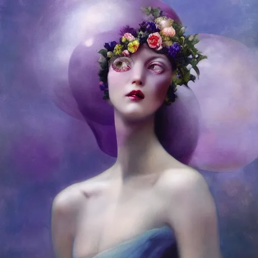 Prompt: a girl with three eyes : : on 5 translucent luminous spheres, full of floral and berry fillings, in an ocean of lavender color by rolf armstrong, monia merlo