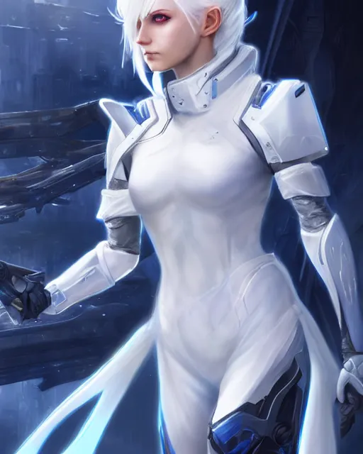 Image similar to perfect white haired girl, warframe armor, beautiful, pretty face, blue eyes, detailed, windy weather, scifi, platform, laboratory, experiment, 4 k, ultra realistic, epic lighting, high detail, masterpiece, by akihito tsukushi, charlie bowater, ross tran