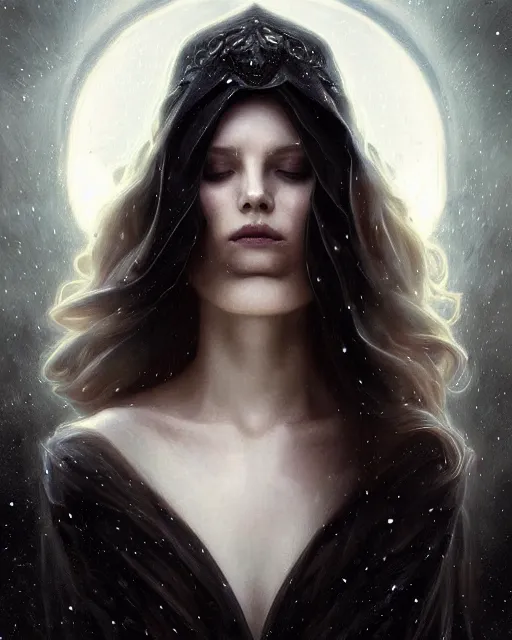 Prompt: realistic portrait of a beautiful white witch, dark night, beautiful, heroic pose, beautiful face, magic, dark magic, dramatic lighting, intricate, wild, highly detailed, digital painting, artstation, concept art, smooth, sharp focus, illustration, art by artgerm and greg rutkowski and alphonse mucha, footage from space camera