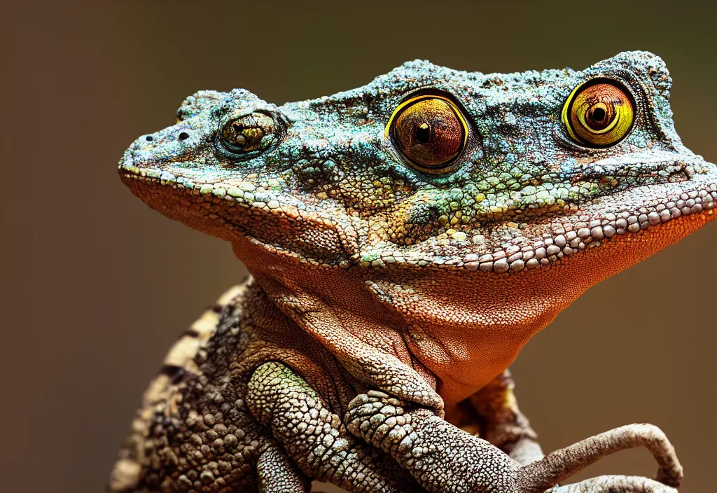 Prompt: An award winning photo of Tokay crocodile chameleon looking at the camera, environmental portrait, wildlife photography, National Geographic, 4k