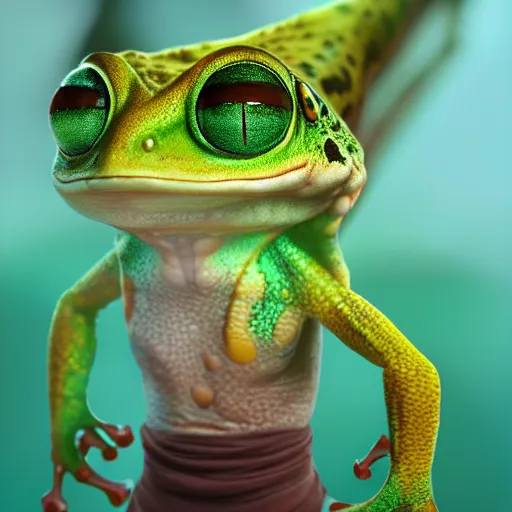 Image similar to cute, anthro gecko frog hybrid, wearing scarf, anime inspired, character art, illustration, sharp focus, octane render, 8 k, trending on artstation, cgsociety, art by artgerm.