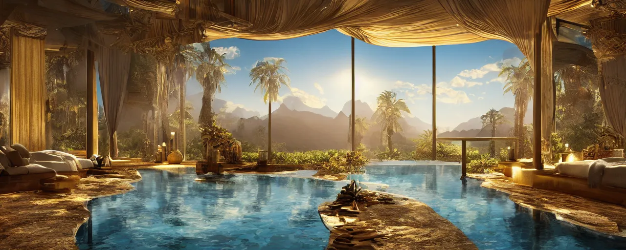 Image similar to surreal hyper luxury spa with intricate golden details with view to arid mountains and palm forest, god rays, candles, ultra detailed, photorealism, sharp focus, volumetric light, global illumination