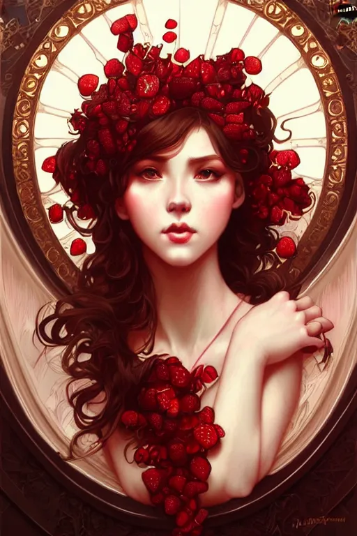 Prompt: strawberry creme, dark fantasy, intricate, elegant, highly detailed, digital painting, artstation, concept art, matte, sharp focus, illustration, art by artgerm and alphonse mucha