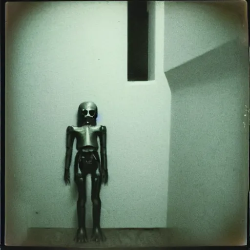 Image similar to a humanoid creature at the bottom of a dark stairwell, dark!, creepy!!!, unsettling, uncanny valley!, old polaroid, expired film,