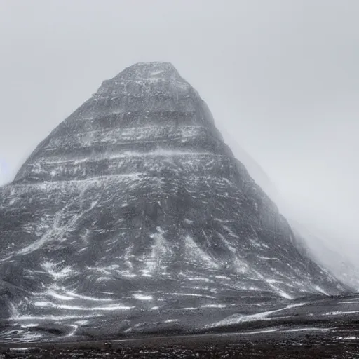 Prompt: a overlook of a artic mountain. below is a large monolithic cathedral, blocking out the rest of the view of the over look. grainy, overcast sky, snowing.