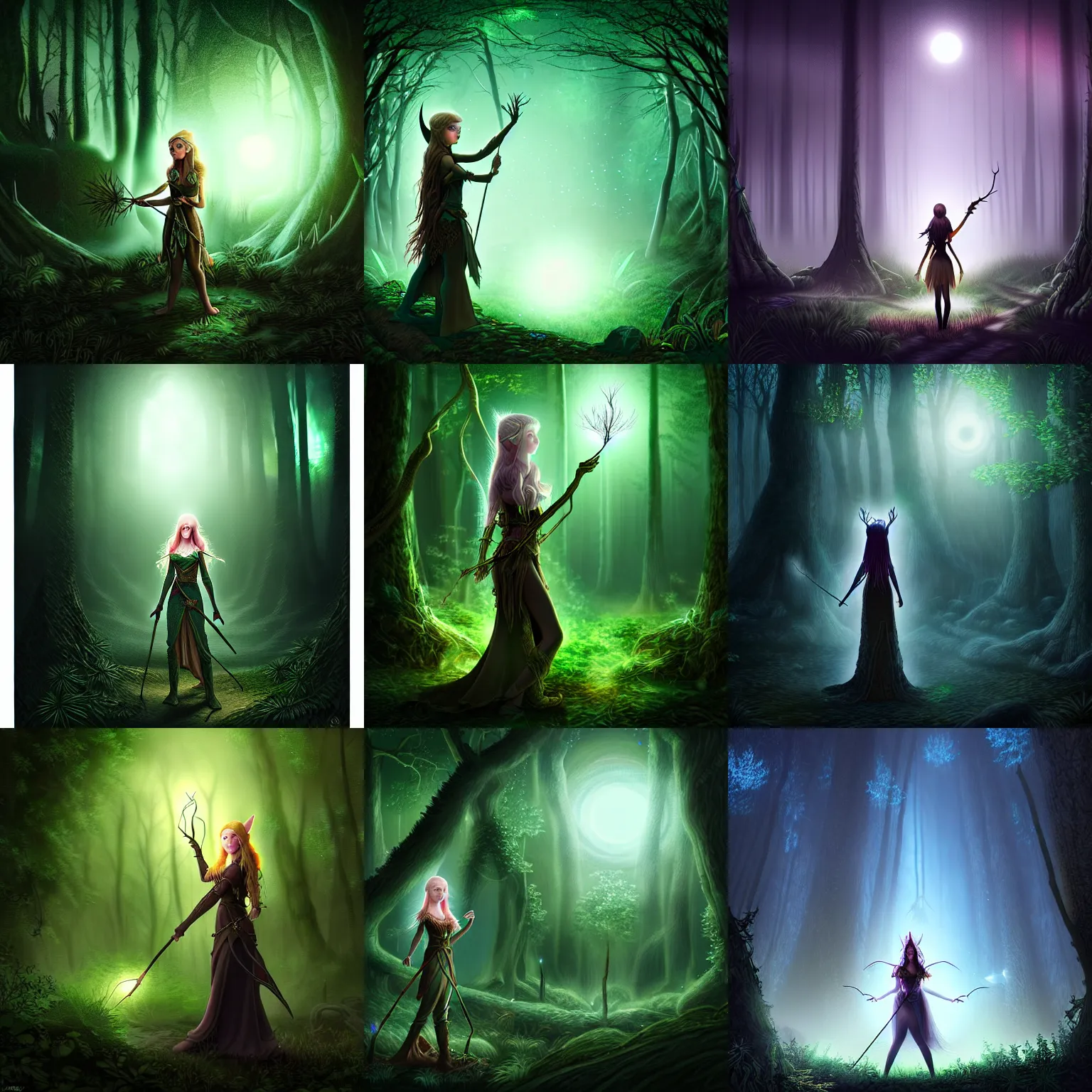 Prompt: elven girl in the process of casting a spell in a dark forest at night, faraway view, epic scale, high quality digital art, intricate, detailed