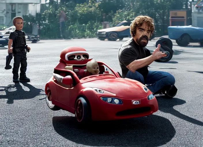 Image similar to peter dinklage driving a little tikes car, racing vin diesel, movie still, explosions in the background, from the new fast and furious movie, 8 k, realistic