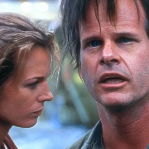 Prompt: bill paxton, as seen in the movie aliens, talking to helen hunt, as seen in the movie twister