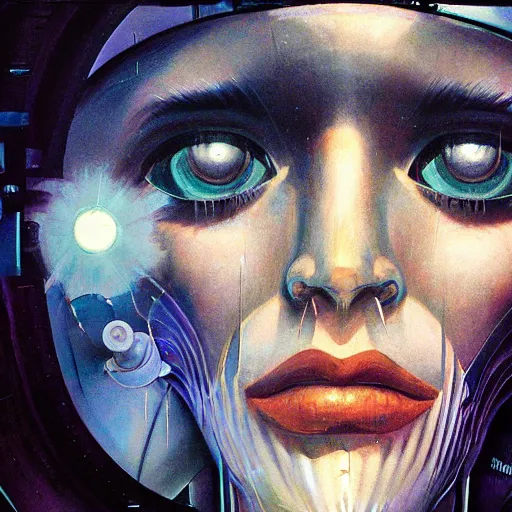 Prompt: detailed face of a woman, clockwork, moment, tectonic sky, skydome, bullet train, turbines, utopian, tech noir, wet reflections, prism, atmospheric, ambient, pj crook, syd mead, livia prima, emma uber, greg rutkowski, edward hopper