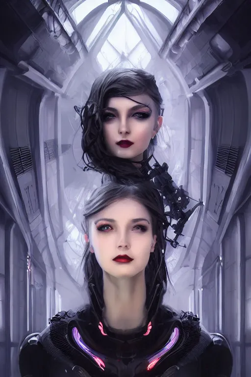 Image similar to portrait futuristic beautiful and stunning and gothic female army navy, at inside of a future submarine, ssci-fi, fantasy, intricate, very very beautiful, elegant, neon light, highly detailed, digital painting, artstation, concept art, soft light, hdri, smooth, sharp focus, illustration, art by tian zi and craig mullins and WLOP and alphonse mucha