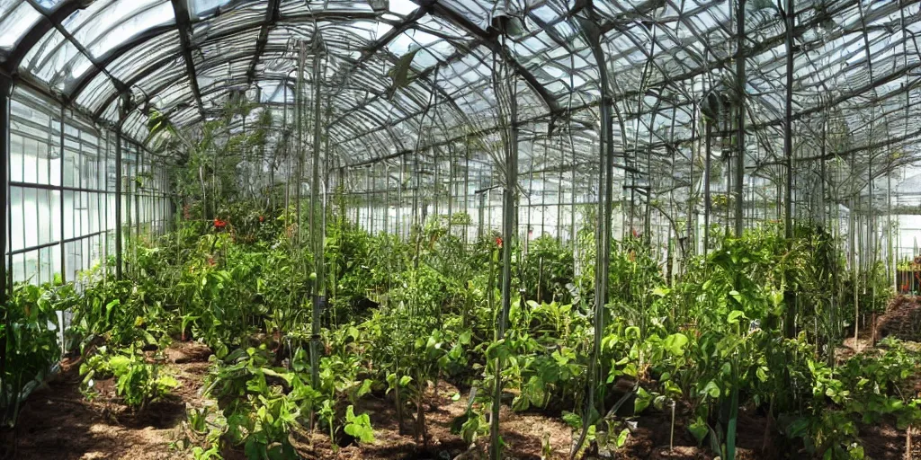 Prompt: interior of experimental greenhouse, novel plants created by the plant wizard luther burbank.