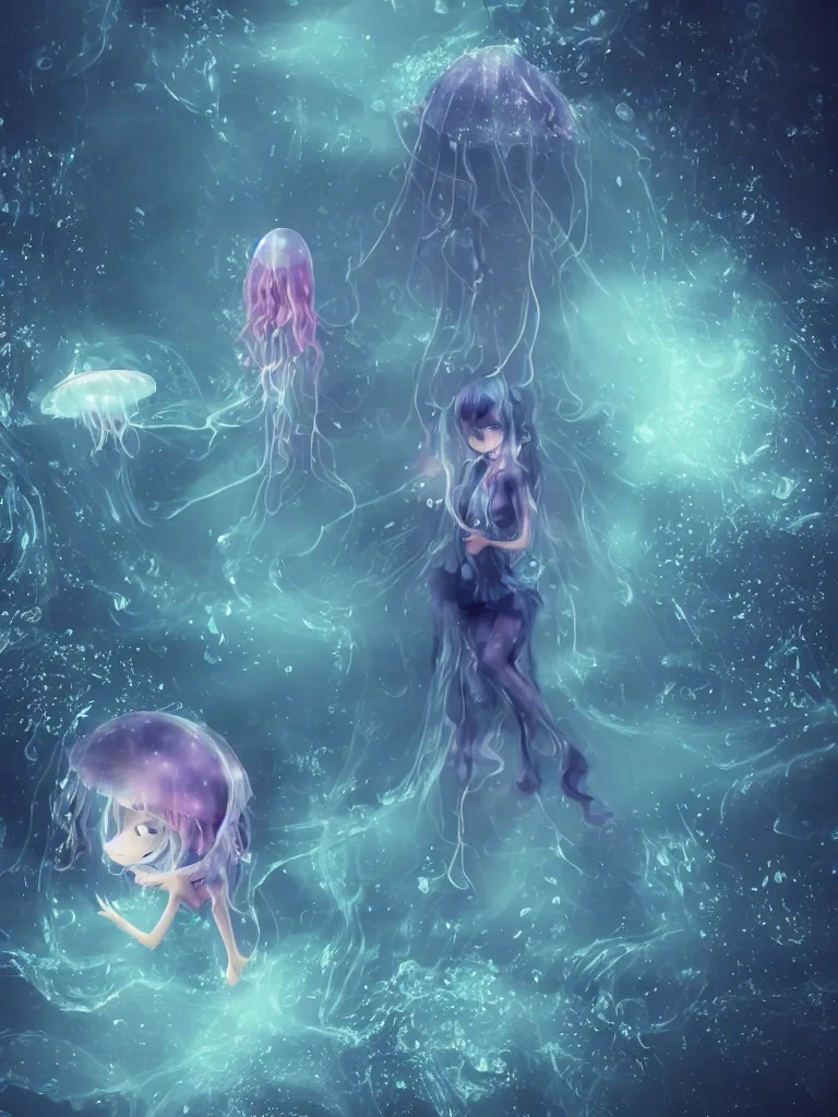 Image similar to cute fumo plush of an otherworldly translucent jellyfish goth girl floating in the deep sea, mysterious tattered maiden tendrils and dress, anime, heavy rain reflective water surface, glowing lens flare wraith girl, wisps of volumetric fog and smoke in refracted vortices, vignette, bokeh, vray