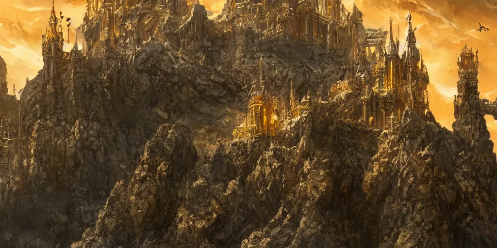 Prompt: The Sci-Fi golden castle in a stone landscape, wallpaper ,d&d art, fantasy, painted, 4k, high detail, sharp focus