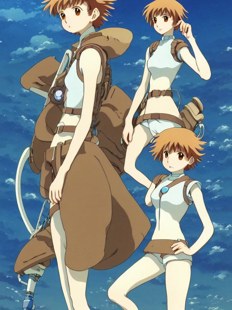 Image similar to anime art full body portrait character nausicaa by hayao miyazaki concept art, anime key visual of elegant young female, short brown hair and large eyes, finely detailed perfect face delicate features directed gaze, valley and mountains background, trending on pixiv fanbox, studio ghibli, extremely high quality artwork by kushart krenz cute sparkling eyes