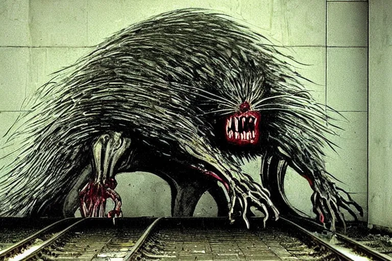 Image similar to very large giant mutant zombie irradiated ( angry rat ) staying on railways in tonnel of moscow subway. tonnel, railways, giant angry rat, furr, fangs, claws, very realistic. extreme long shot, wide angle, herman nitsch and herman nitsch, giger.