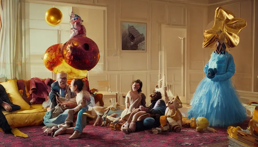 Prompt: movie still by alejandro jodorowsky of a beautiful day in a family living room in suburban usa, visible magic energy, dream magic creature costumes, floating planets, flying gold fish, parade floats, cinestill 8 0 0 t eastmancolor technicolor, high quality, very detailed, heavy grain, fine facial features, 8 k, octane render